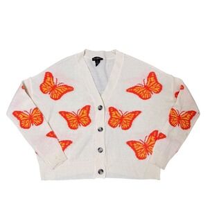 Runway Butterfly Print Cropped Cardigan Sweater Cream Orange Size M